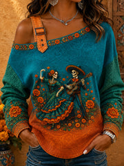 Women's Mexico Day of The Dead Floral Art Printed Off-Shoulder Sweatshirt