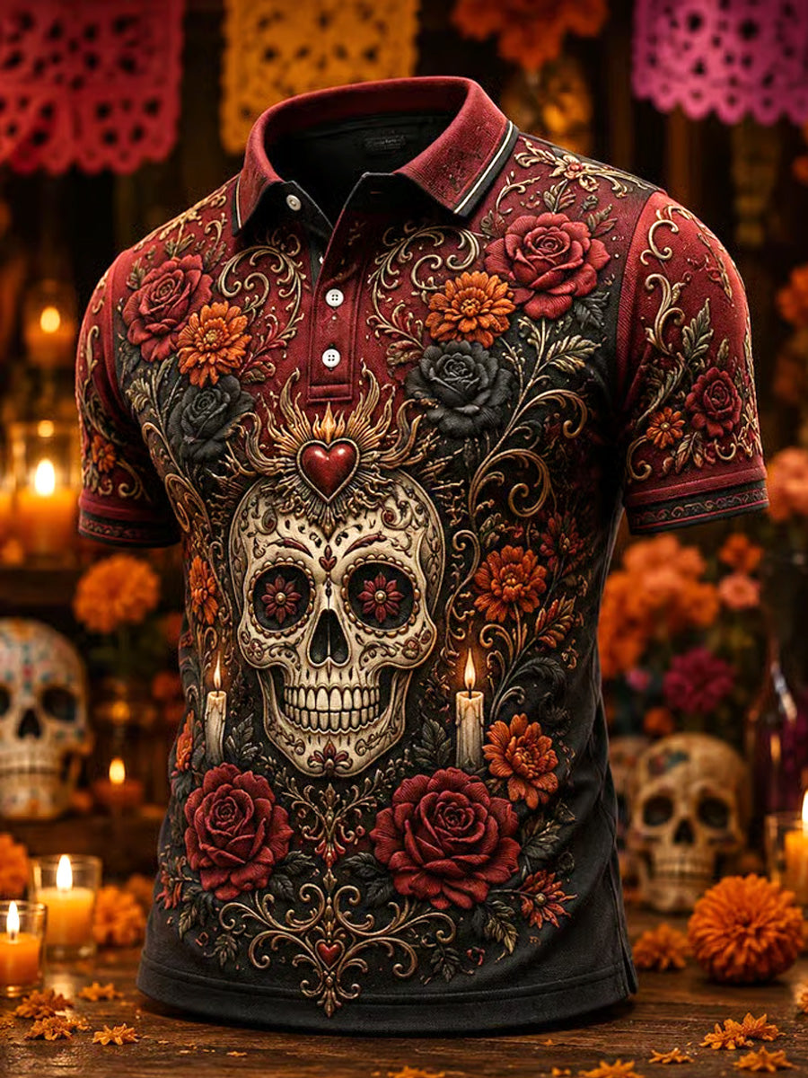 Men's Mexico Day of The Dead Art Print Casual Polo