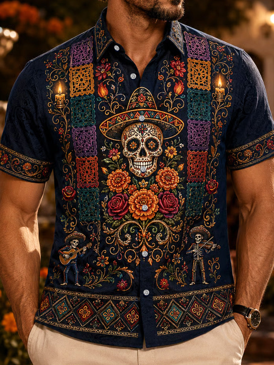 Men's Mexico Day of The Dead Art Print Casual Shirt