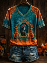 Women's Mexico Day of The Dead Floral Art Printed T-shirt