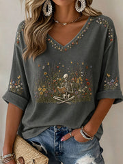 Women's Gothic Skull and Floral Casual T-shirt