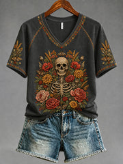 Women's Gothic Skull and Floral Casual T-shirt