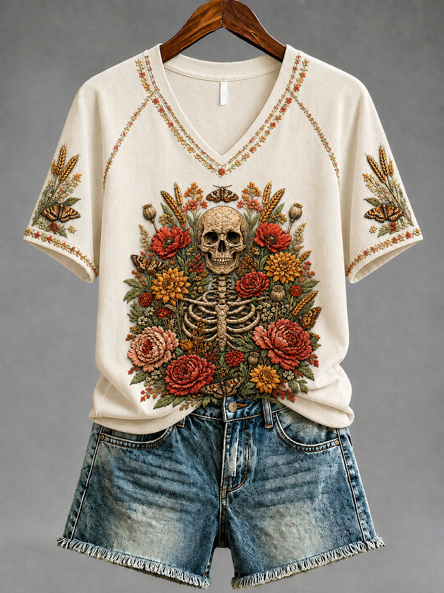 Women's Gothic Skull and Floral Casual T-shirt