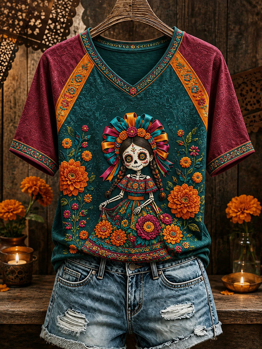 Women’s Mexico Day of The Dead Floral Art Printed T-shirt
