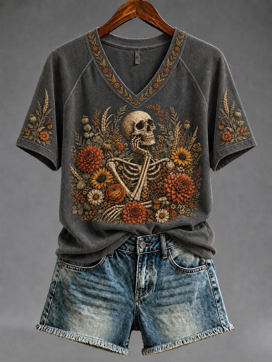 Women's Gothic Skull and Floral Casual T-shirt