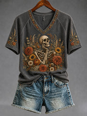 Women's Gothic Skull and Floral Casual T-shirt