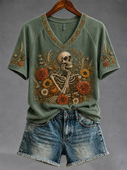 Women's Gothic Skull and Floral Casual T-shirt