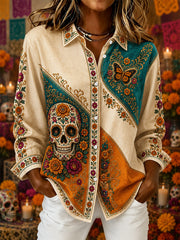 Women's Mexico Day of The Dead Art Print Casual Long-Sleeve Shirt