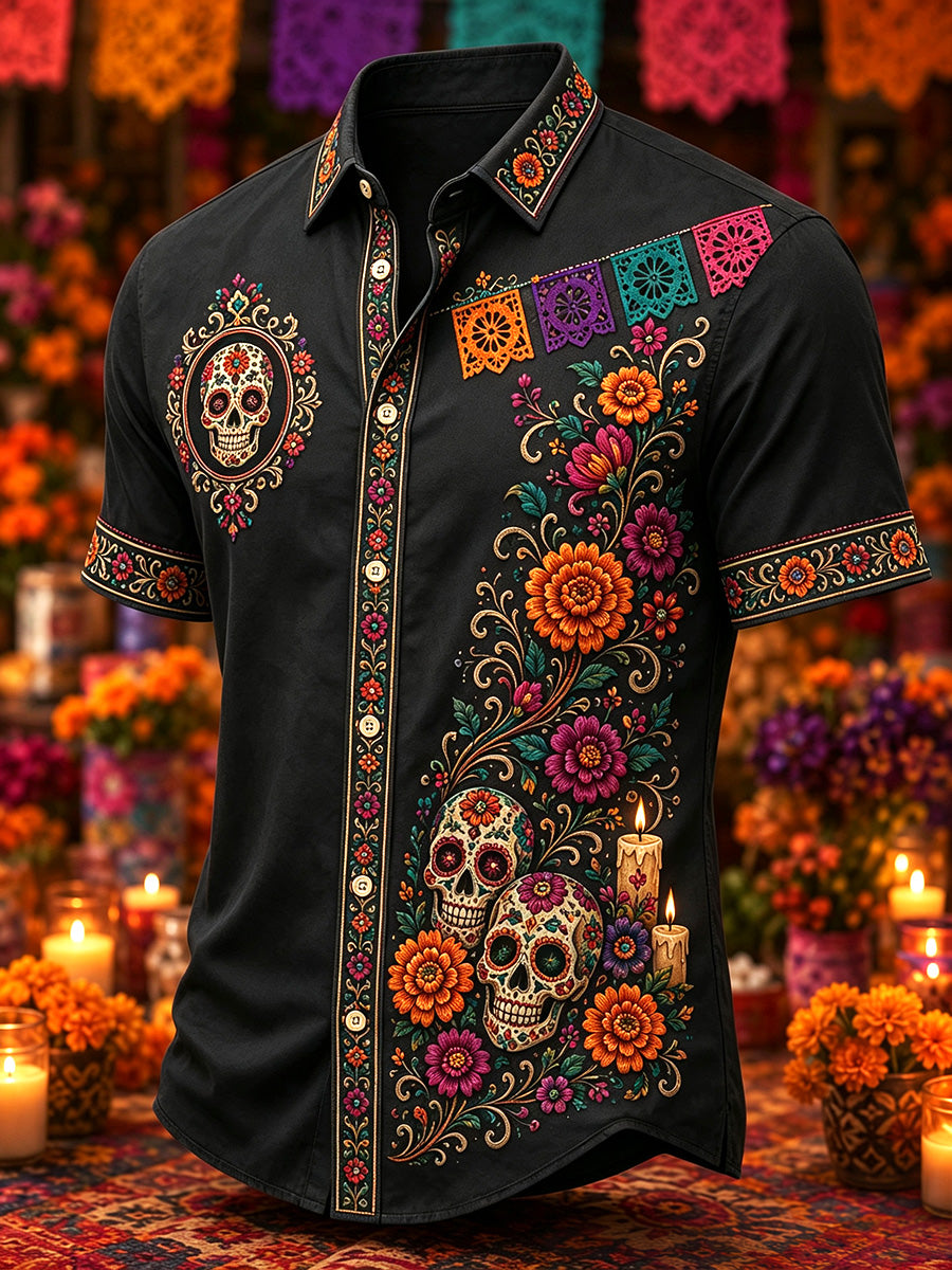 Men's Mexico Day of The Dead Art Print Casual Shirt