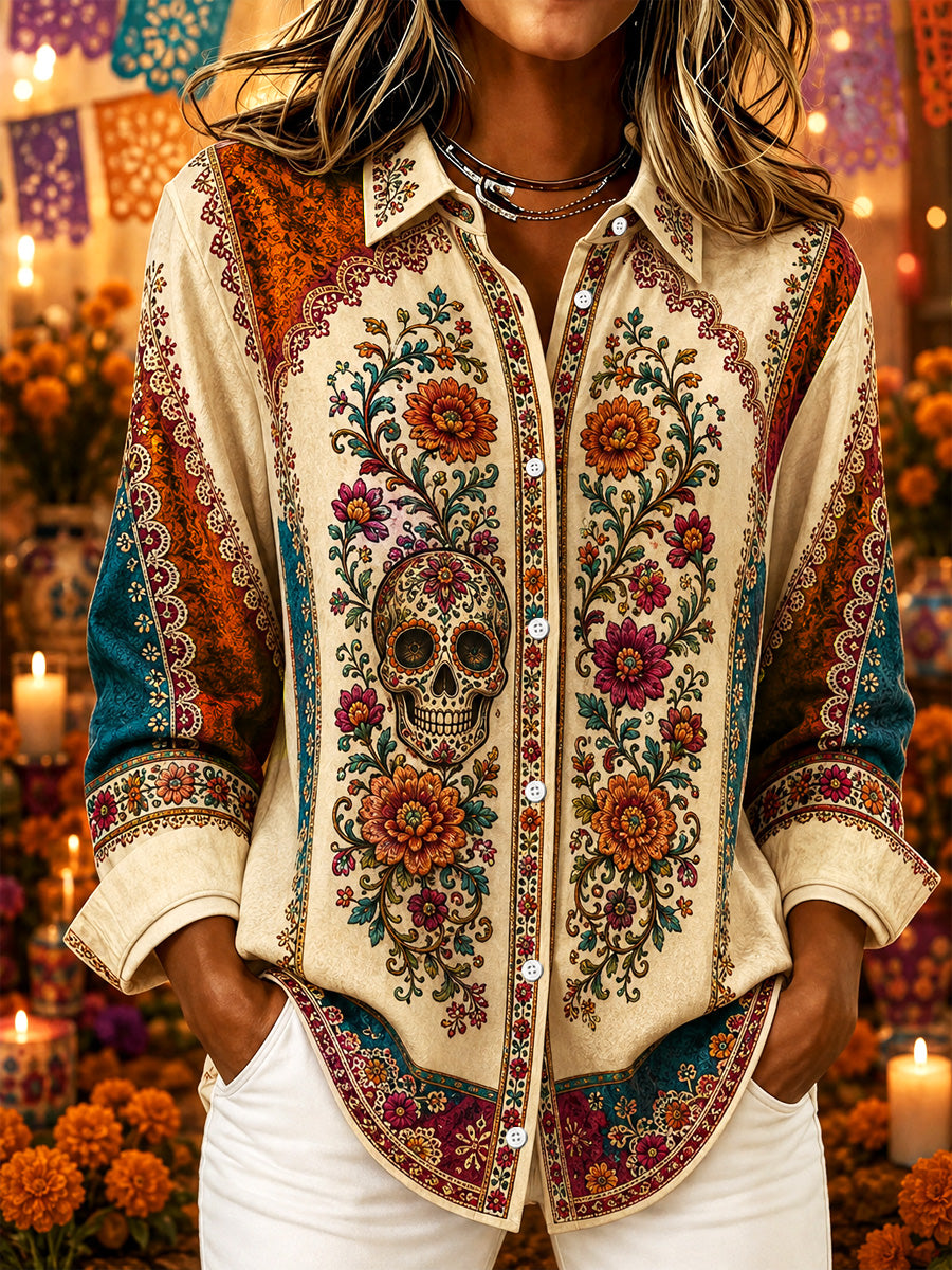 Women's Mexico Day of The Dead Art Print Casual Long-Sleeve Shirt