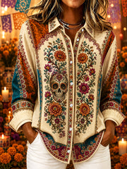 Women's Mexico Day of The Dead Art Print Casual Long-Sleeve Shirt