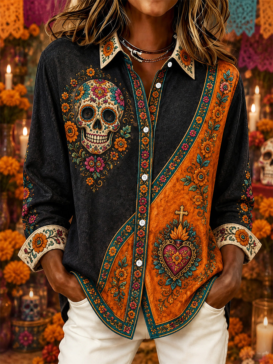 Women's Mexico Day of The Dead Art Print Casual Long-Sleeve Shirt