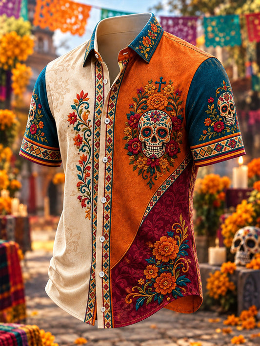 Men's Mexico Day of The Dead Art Print Casual Shirt