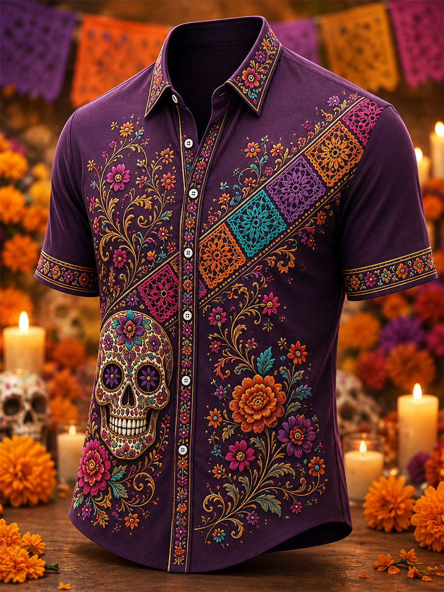 Men's Mexico Day of The Dead Art Print Casual Shirt