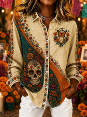 Women's Mexico Day of The Dead Art Print Casual Long-Sleeve Shirt