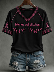 Women's Bitches Get Stitches V-neck T-shirt