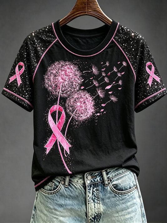 Women's Dandelion Pink Ribbon Awareness Round Neck Short Sleeve T-shirt