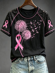 Women's Dandelion Pink Ribbon Awareness Round Neck Short Sleeve T-shirt