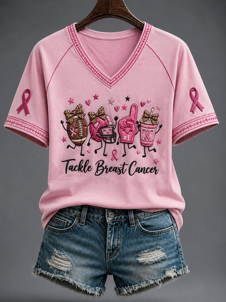 Women's Tackle Breast Cancer V-neck off-shoulder T-shirt
