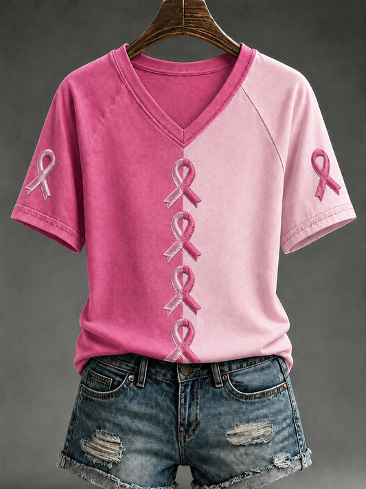 Women's Breast Cancer Awareness Support V-neck Off-shoulder Short-sleeved T-shirt