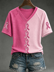 Women's Breast Cancer Awareness Support V-neck Off-shoulder Short-sleeved T-shirt