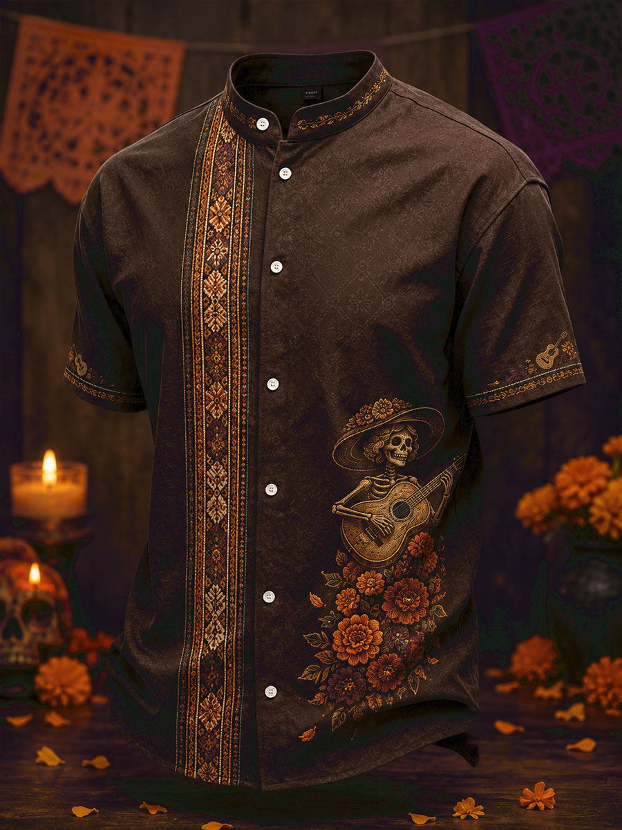 Men's Mexico Day of The Dead Floral Art Printed Shirt