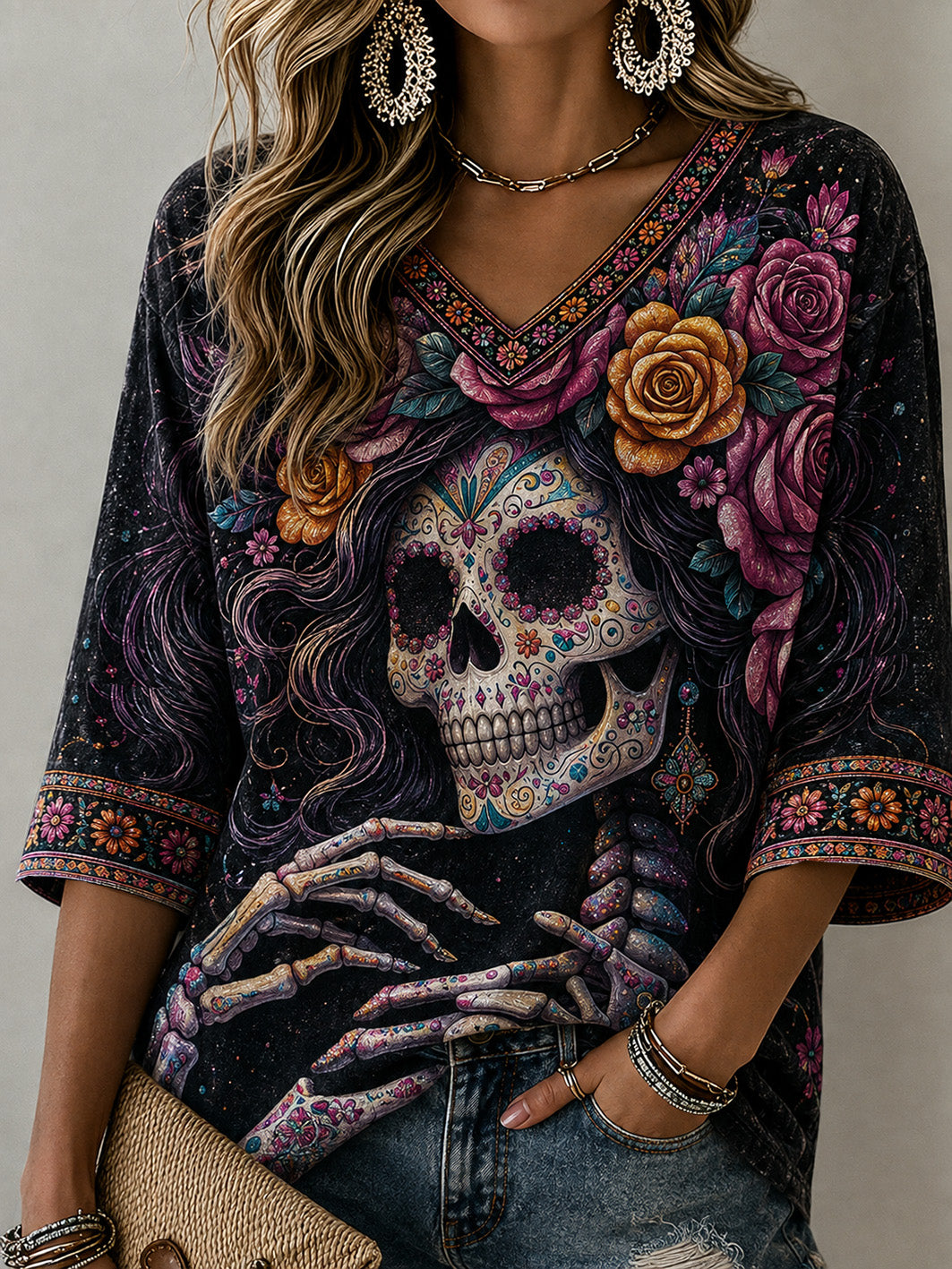 Women's Day Of the Dead Style Elements Pattern Print Casual Mid-length Sleeves V-Neck T-Shirt