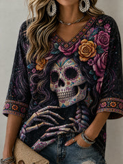 Women's Day Of the Dead Style Elements Pattern Print Casual Mid-length Sleeves V-Neck T-Shirt