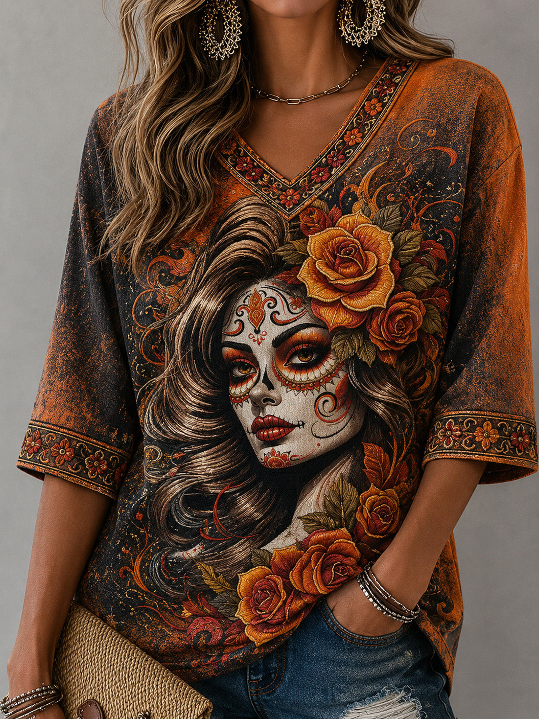 Women's Day Of the Dead Style Elements Pattern Print Casual Mid-length Sleeves V-Neck T-Shirt