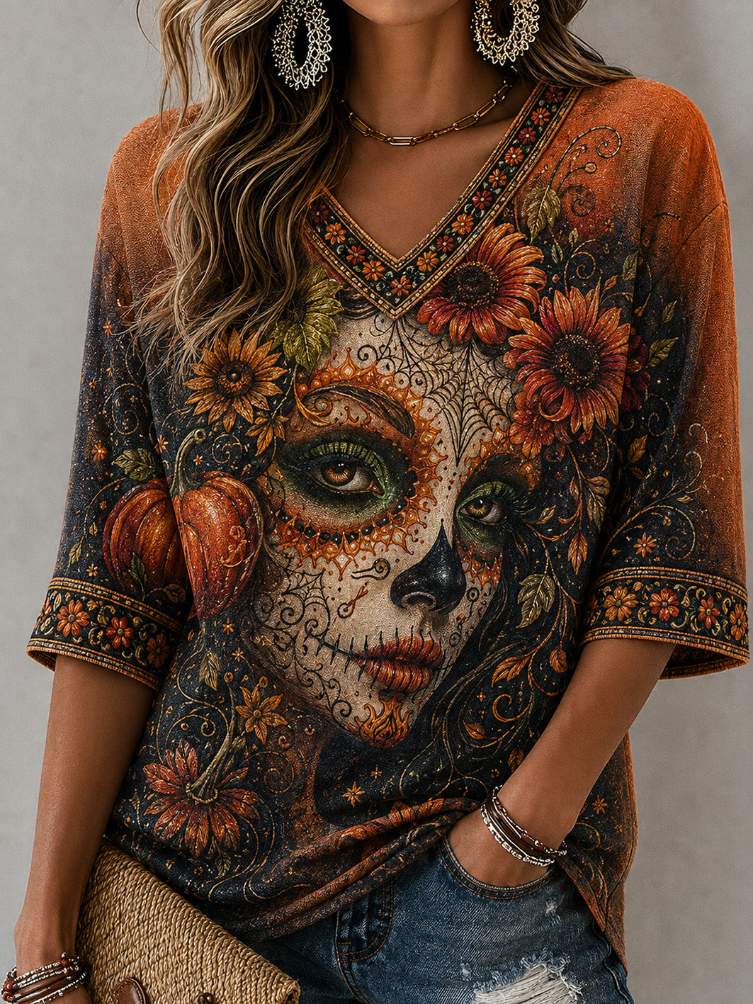 Women's Day Of the Dead Style Elements Pattern Print Casual Mid-length Sleeves V-Neck T-Shirt