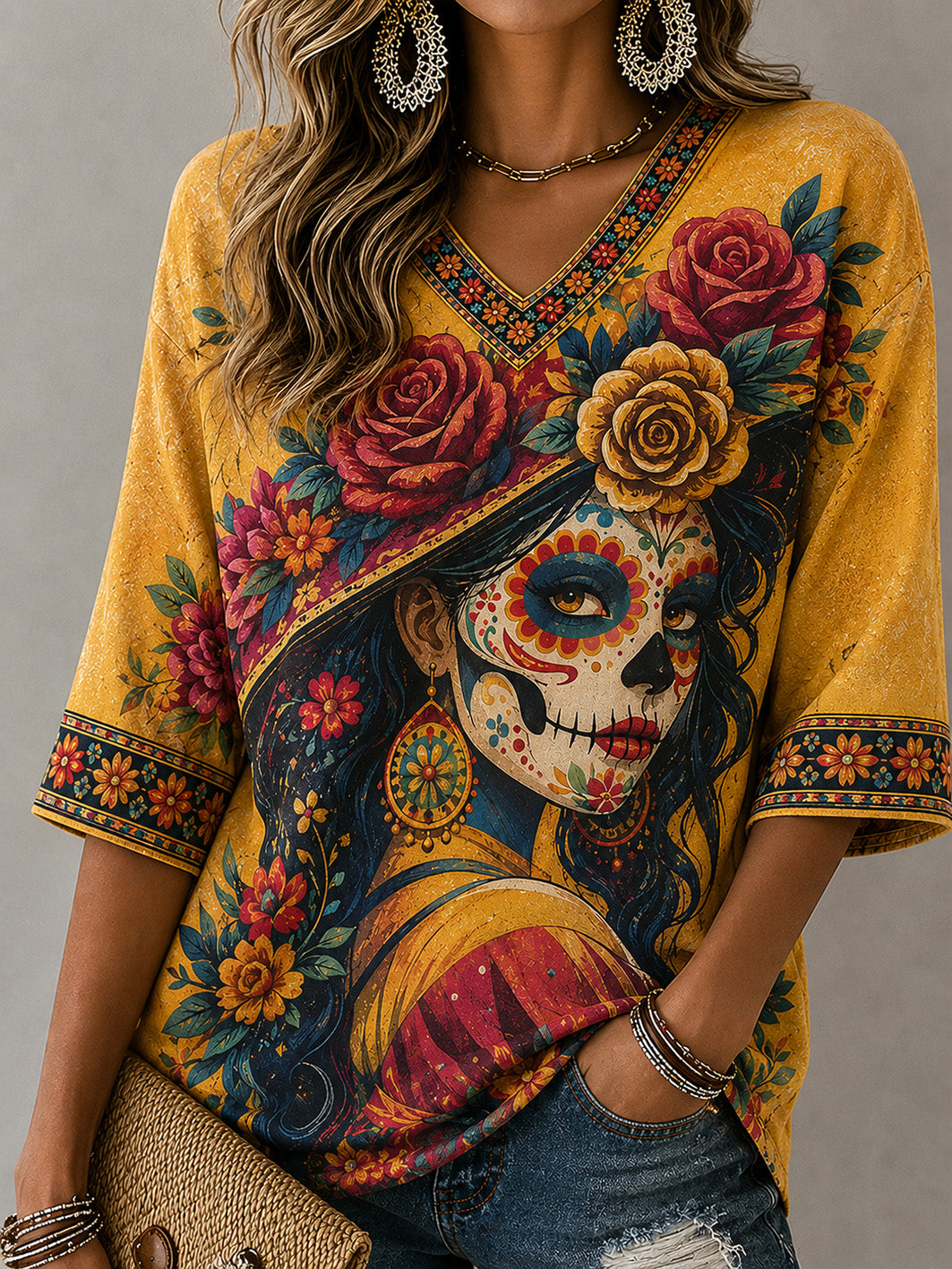 Women's Day Of the Dead Style Elements Pattern Print Casual Mid-length Sleeves V-Neck T-Shirt
