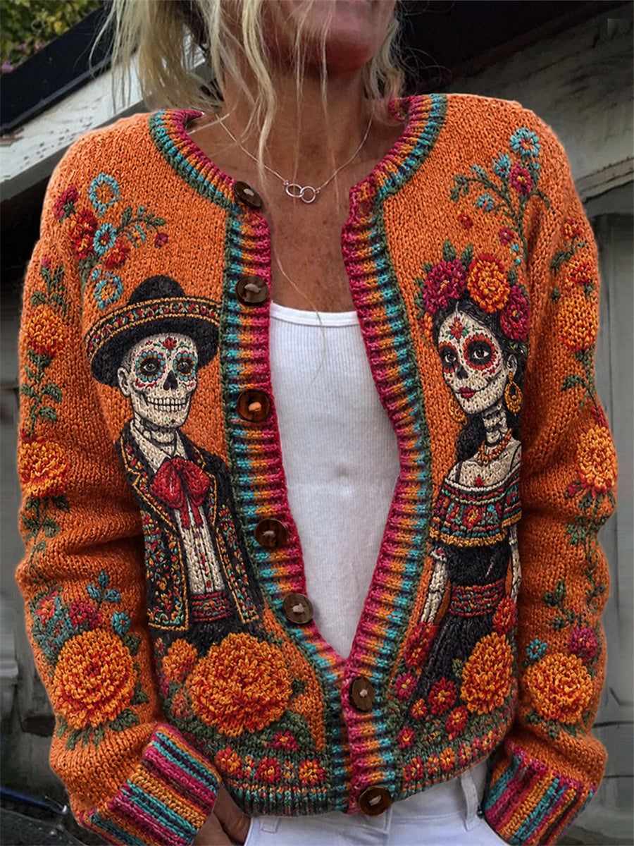 Women's Day of the Dead Sugar Skulls Mexican Marigolds Floral Isle Pattern Print Cardigan