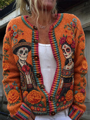 Women's Day of the Dead Sugar Skulls Mexican Marigolds Floral Isle Pattern Print Cardigan