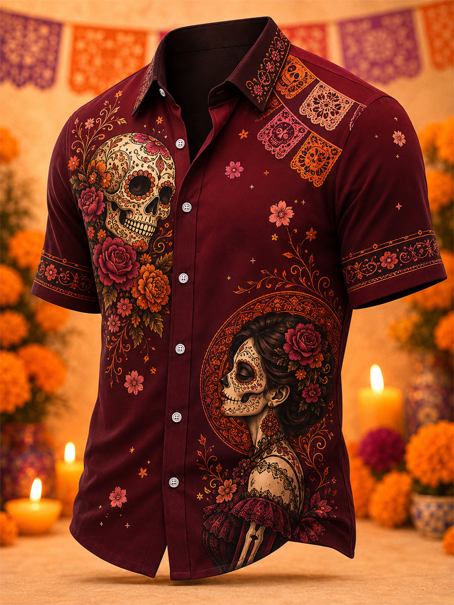 Men's Mexico Day of The Dead Art Print Casual Shirt
