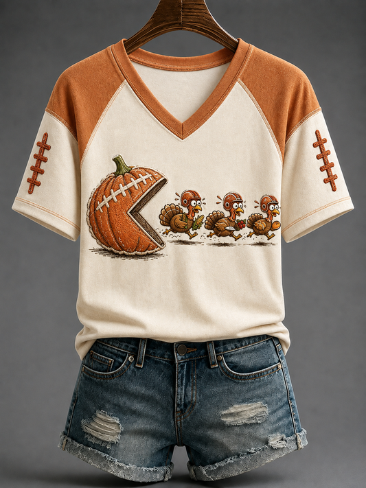 Women's Fun Turkey Football V-neck Off-shoulder Short-sleeved T-shirt