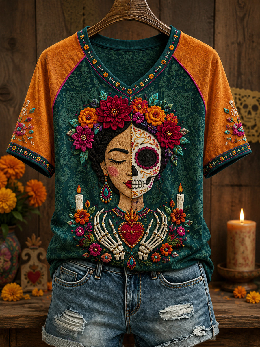 Women's Mexico Day of The Dead Floral Art Printed T-shirt