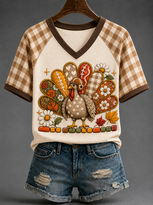 Women's Fun Turkey Football V-neck Off-shoulder Short-sleeved T-shirt
