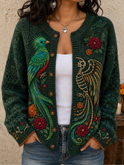 Women's Mexico Day of The Dead Floral Art Printed Cardigan-Style Knit Jacket