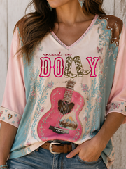 Women's Rip Country Music Lover Queen of Country Printed Mid-length Sleeves V-Neck T-Shirt