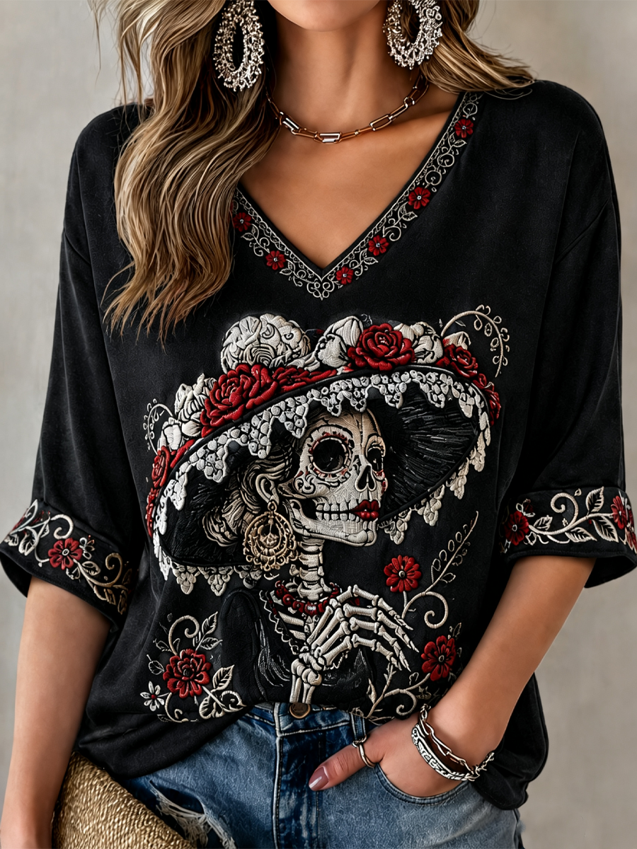 Women's Mexico Day of The Dead Floral Art Printed Mid-length Sleeves V-Neck T-Shirt