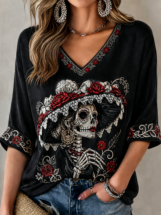 Women's Mexico Day of The Dead Floral Art Printed Mid-length Sleeves V-Neck T-Shirt