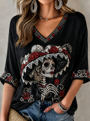 Women's Mexico Day of The Dead Floral Art Printed Mid-length Sleeves V-Neck T-Shirt