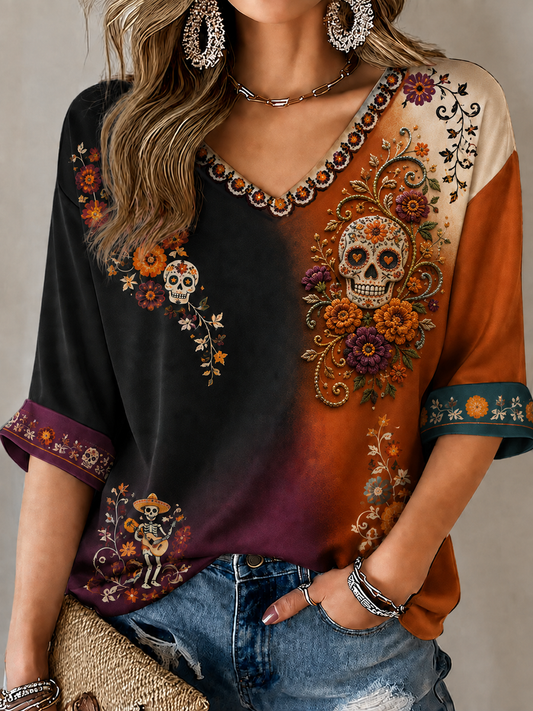 Women's Mexico Day of The Dead Floral Art Printed Mid-length Sleeves V-Neck T-Shirt
