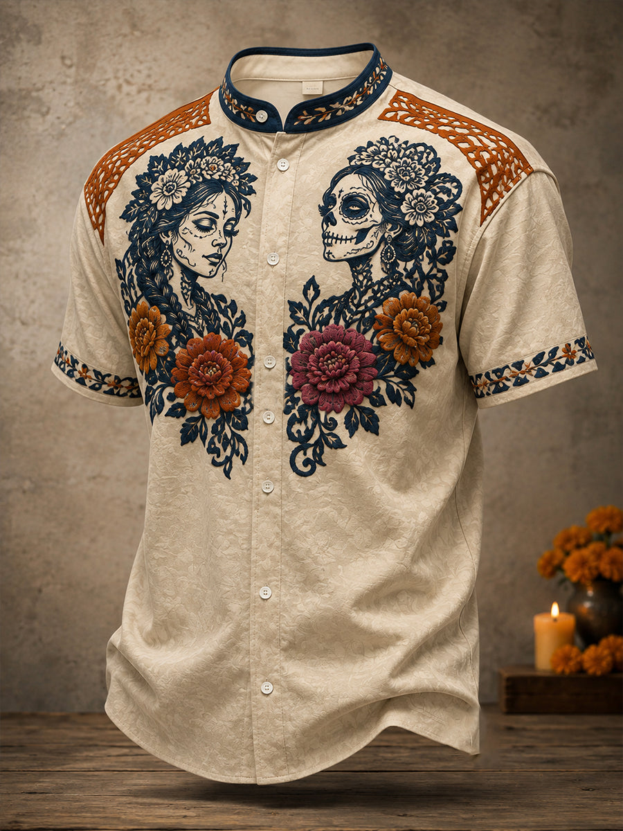 Men's Mexico Day of The Dead Floral Art Printed Shirt