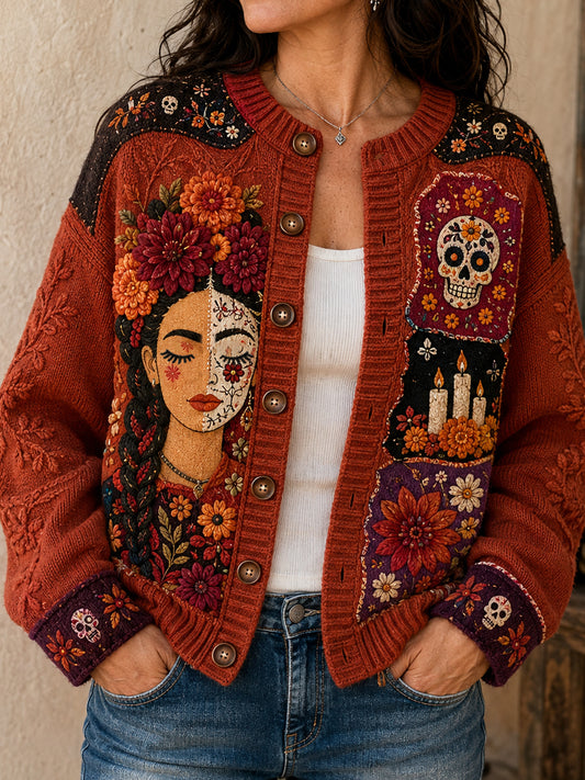 Women's Mexico Day of The Dead Floral Art Printed Cardigan-Style Knit Jacket
