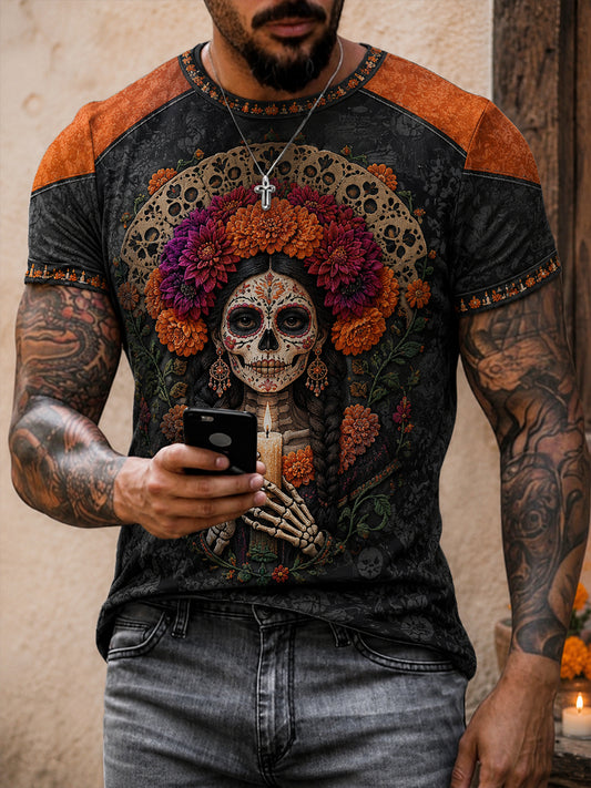 Men's Mexico Day of The Dead Floral Art Printed T-shirt