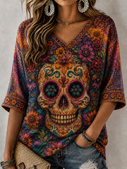 Women's Day Of The Dead Plant Flower And Skull Pattern Print Casual Mid-length Sleeves V-Neck T-Shirt