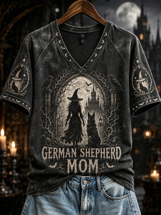 Women's Halloween German Shepherd Mom Witch Print V-neck Short-sleeved T-shirt