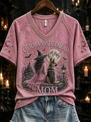 Women's Halloween German Shepherd Mom Pink Witch & Dog Print short-sleeved T-shirt