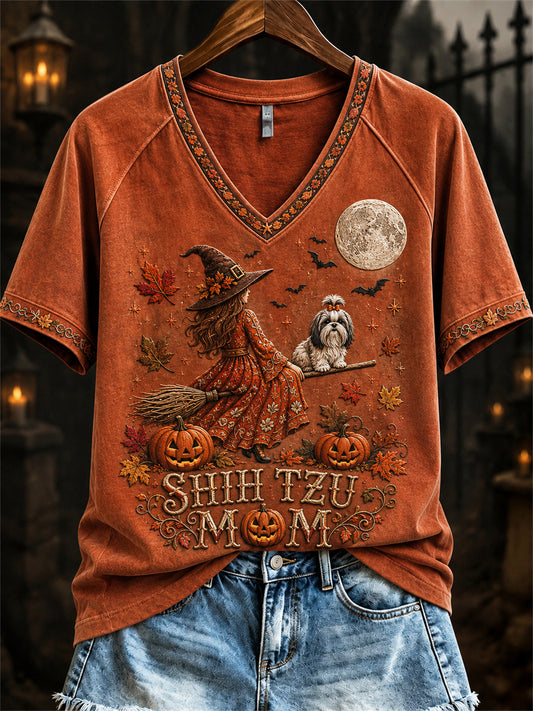 Women's Halloween Fall Shih Tzu Mom Witch & Dog Print short-sleeved T-shirt